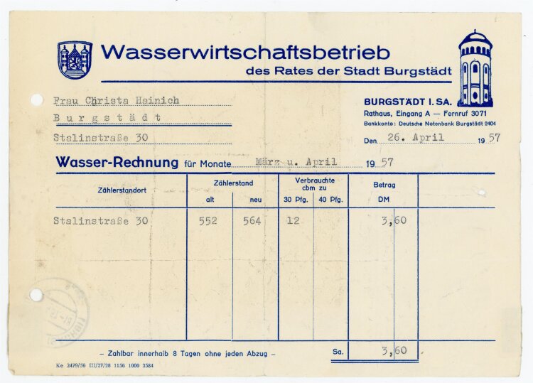 Wasserwirtschaftbetrieb (Burgstädt) - Rechnung an C. Heinig - 26.4.57