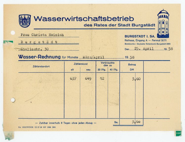 Wasserwirtschaftbetrieb (Burgstädt) - Rechnung an C. Heinig - 25.4.58