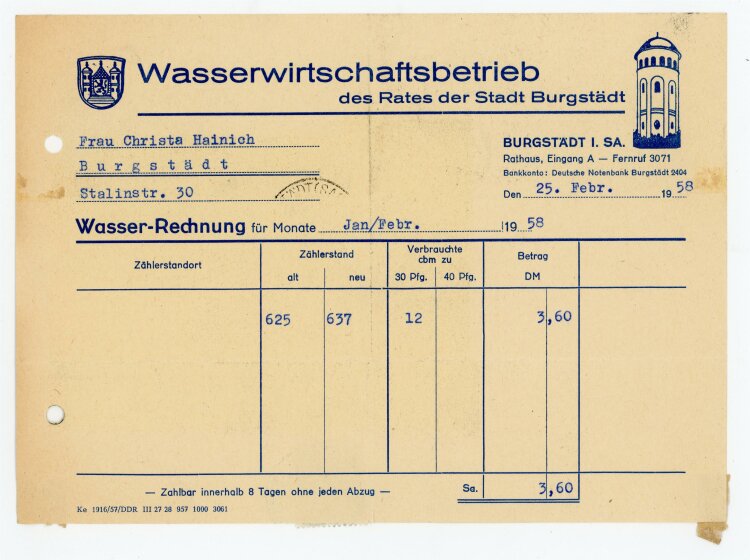 Wasserwirtschaftbetrieb (Burgstädt) - Rechnung an C. Heinig - 25.2.58