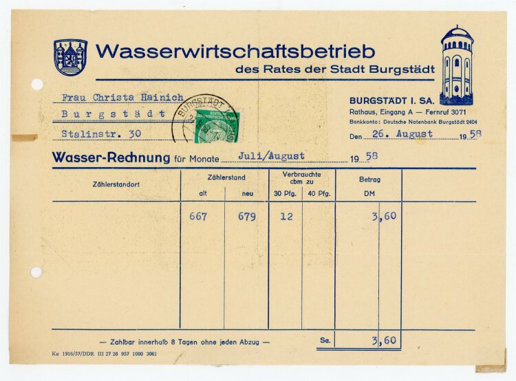 Wasserwirtschaftbetrieb (Burgstädt) - Rechnung an C. Heinig - 26.8.58