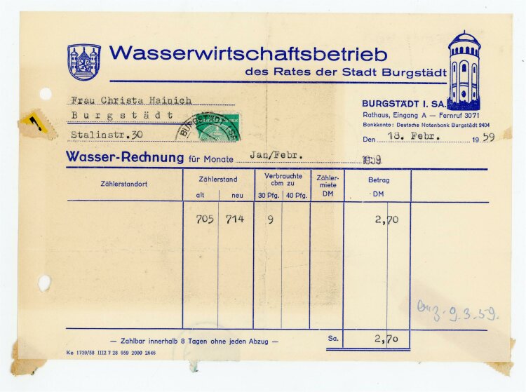 Wasserwirtschaftbetrieb (Burgstädt) - Rechnung an C. Heinig - 18.2.59