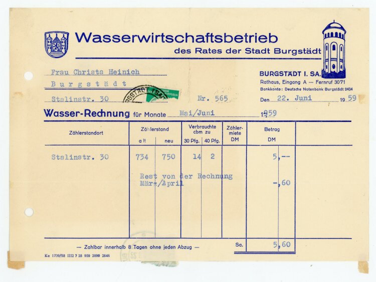 Wasserwirtschaftbetrieb (Burgstädt) - Rechnung an C. Heinig - 22.6.59