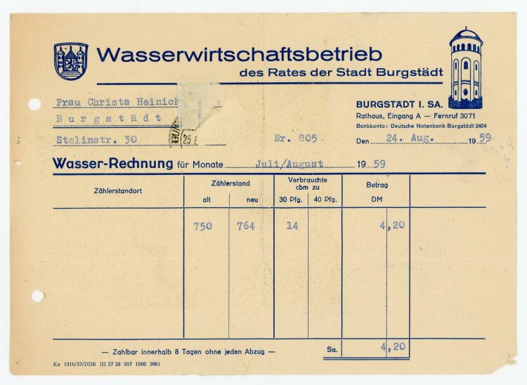 Wasserwirtschaftbetrieb (Burgstädt) - Rechnung an C. Heinig - 24.8.59