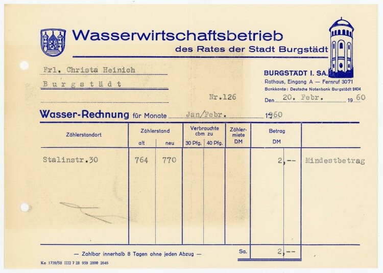 Wasserwirtschaftbetrieb (Burgstädt) - Rechnung an C. Heinig - 20.2.60