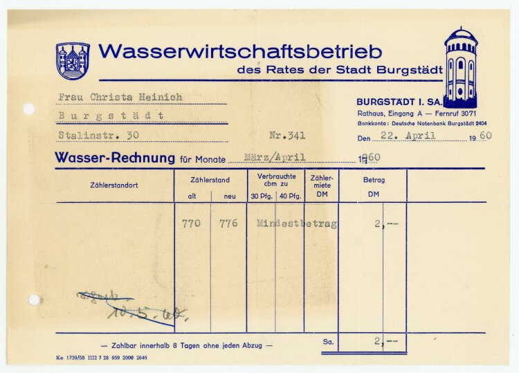 Wasserwirtschaftbetrieb (Burgstädt) - Rechnung an C. Heinig - 22.4.60