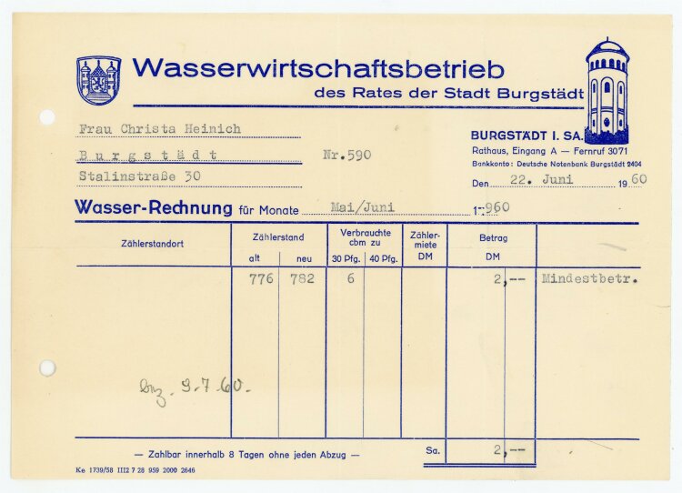 Wasserwirtschaftbetrieb (Burgstädt) - Rechnung an C. Heinig - 22.6.60