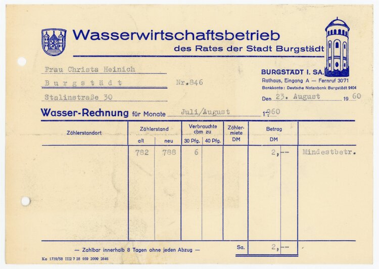 Wasserwirtschaftbetrieb (Burgstädt) - Rechnung an C. Heinig - 23.8.60