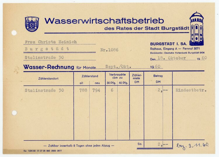 Wasserwirtschaftbetrieb (Burgstädt) - Rechnung an C. Heinig - 18.10.60