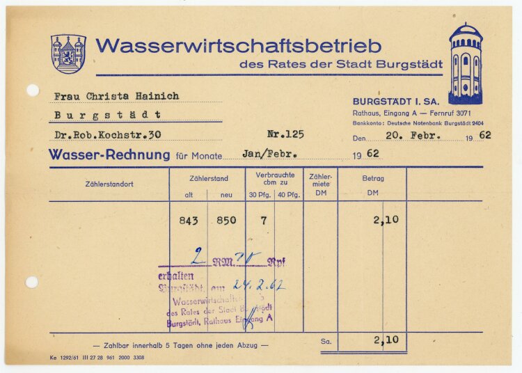 Wasserwirtschaftbetrieb (Burgstädt) - Rechnung an C. Heinig - 20.2.62