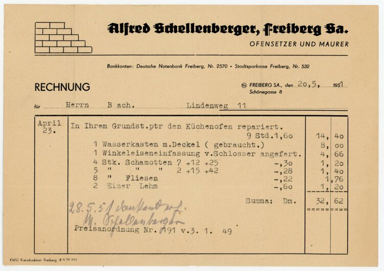 Alfred Schellenberger (Freiburg) - Rechnung an Herr Bach (Freiburg) - 20.5.51