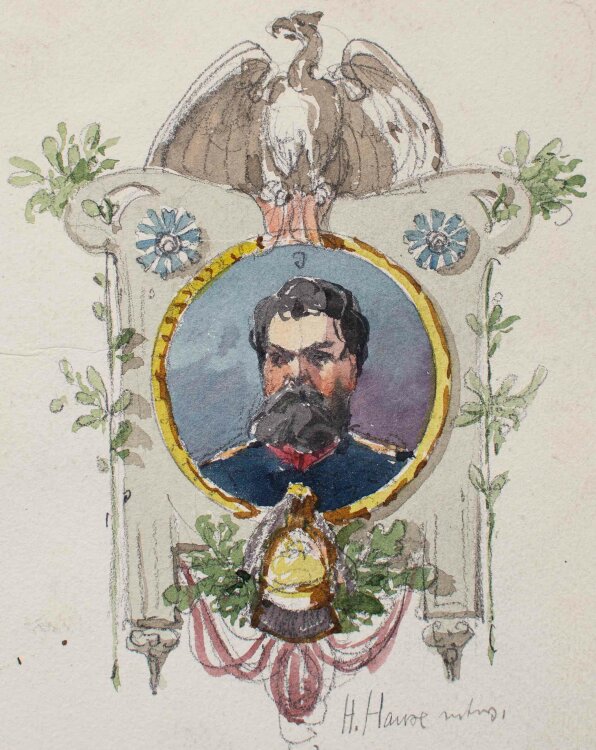 Johannes Hanse - Männliches Porträt (Ornament) - Aquarell - um 1900