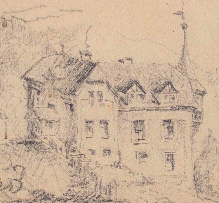 Johannes Hanse - Fachwerkhaus im Berglandschaft - Bleistiftzeichnung - o.J.