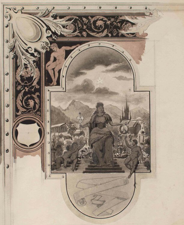 H. Bücher - Göttin des Handwerks mit Putten - Aquarell - um 1880