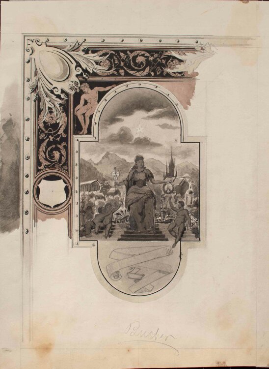 H. Bücher - Göttin des Handwerks mit Putten - Aquarell - um 1880