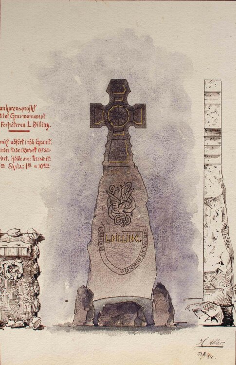 H. Adler - Konkurensprojkt til et Gravmonument over Forfatteren L. Dilling (Konkursprojekt für ein Grabdenkmal für den Schriftsteller L. Dilling) - Aquarell - 1888