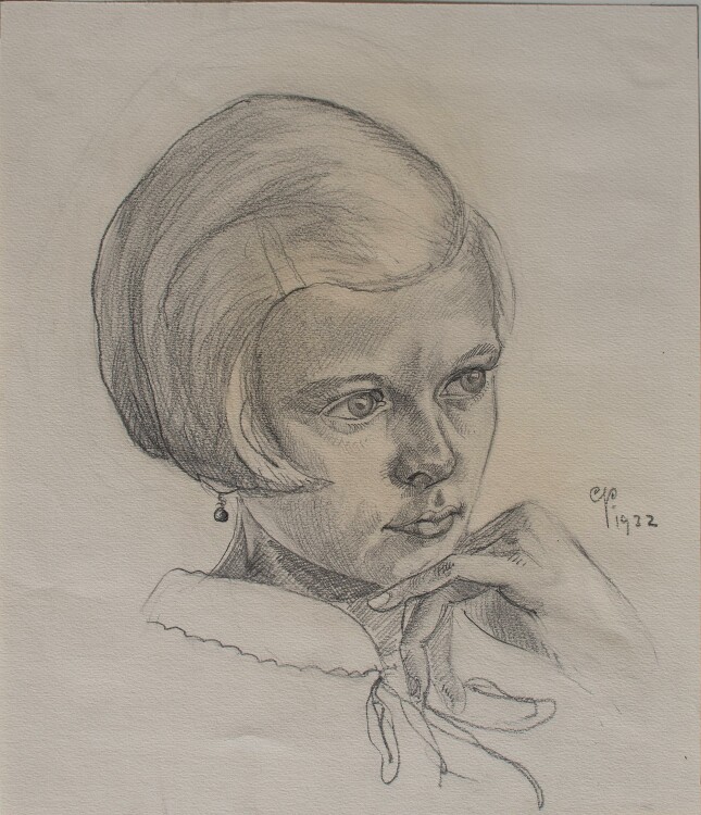Monogrammist C.P. - Mädchenkopf mit Hand - Bleistiftzeichnung - 1932
