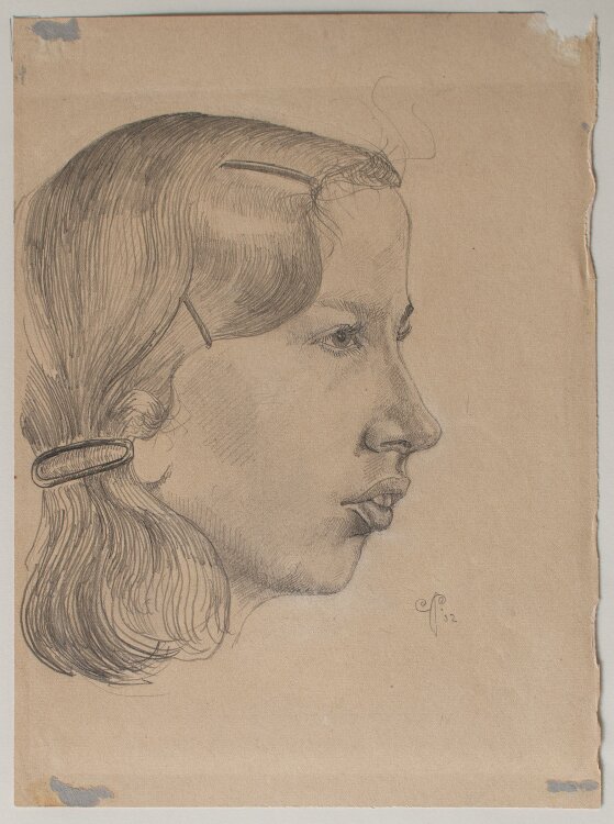 Monogrammist C.P. - Mädchenkopf mit Haarspangen - Bleistiftzeichnung - 1932