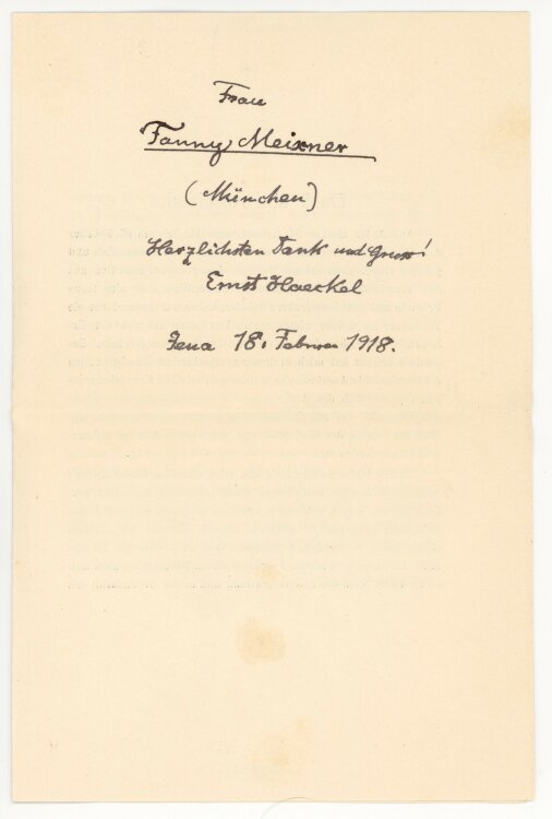 Ernst Haeckel Brief an Fanny (Franziska) Meixner - 18.2.1918