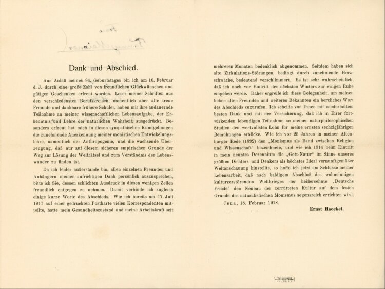 Ernst Haeckel Brief an Fanny (Franziska) Meixner - 18.2.1918