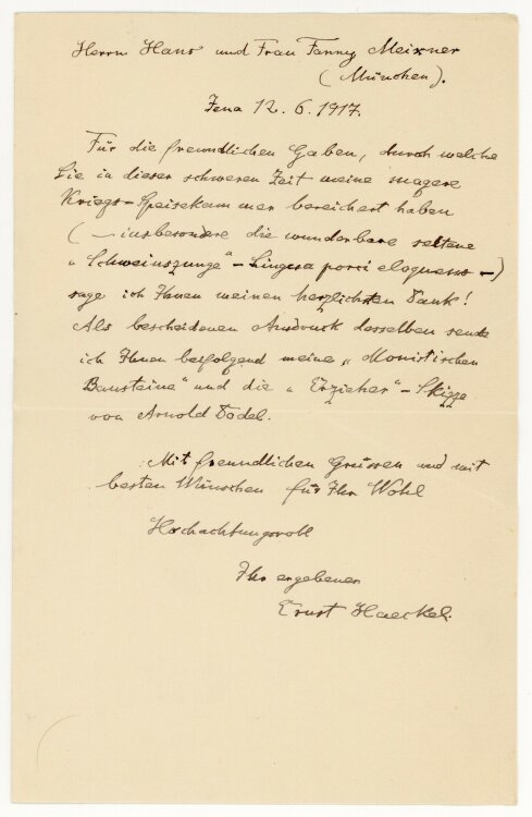 Ernst Haeckel Brief an Fanny (Franziska) Meixner - 12.6.1917
