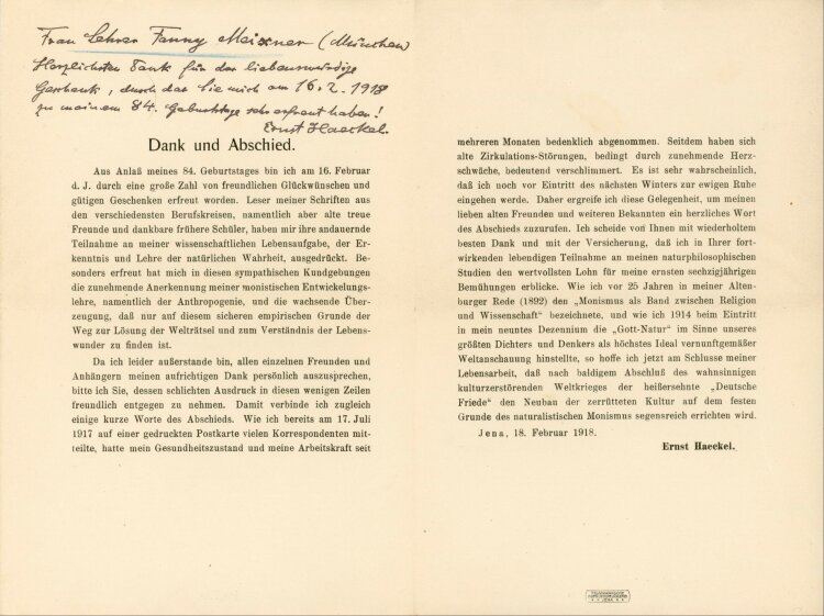 Ernst Haeckel Brief an Fanny (Franziska) Meixner - 16.2.1918