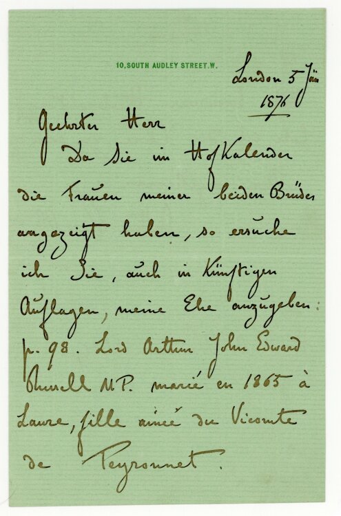 Lord Arthur John Edward Russel Brief an Verlag A. Niemann & F. de Stein (Gotha) - 5.6.1876