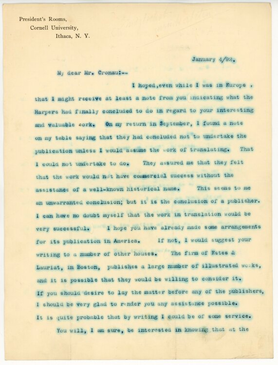 Charles Kendall Adams Brief an Rudolf Cronau - 4.1.1892