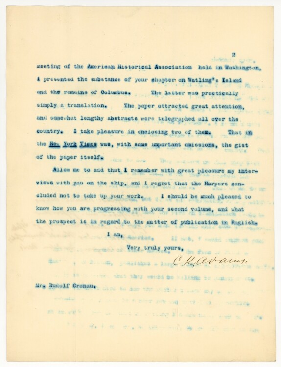 Charles Kendall Adams Brief an Rudolf Cronau - 4.1.1892