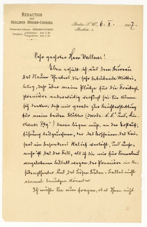 Richard Wilde Brief an Franz Wallner - 6.2.1907