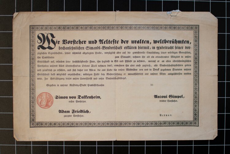 Simandl-Bruderschaft (Pantoffelhausen) - Urkunde