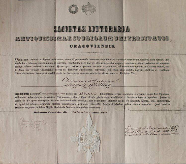 Societas Literaria Ant. Studiorum Universitatis Cracoviensis (Krakau) - August Schilling  - 25.10.1845