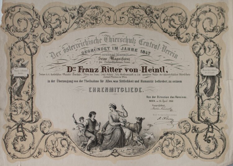 Österreichischer Thierschutz Verein (Wien) - Urkunde für Franz Ritter von Heintl jun.  - 26.04.1866