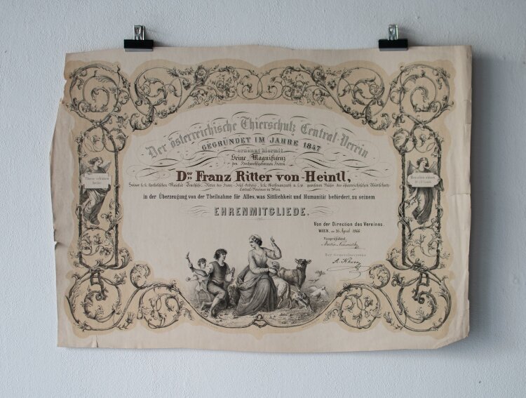 Österreichischer Thierschutz Verein (Wien) - Urkunde für Franz Ritter von Heintl jun.  - 26.04.1866