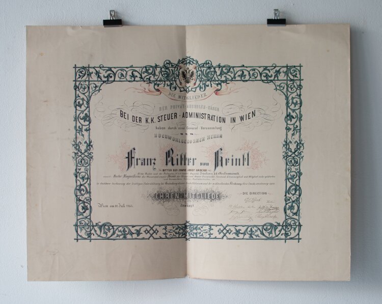 Urkunde - Aushilfskassa K.K. Steuer-Administration in Wien (Wien) - Franz von Heintl jun.  - 31.07.1864