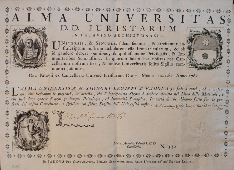 Universität Padua, Juristische Fakultät (Padua) - Immatrikulation Giulio Ant. Conanini?  - 07.12.1768