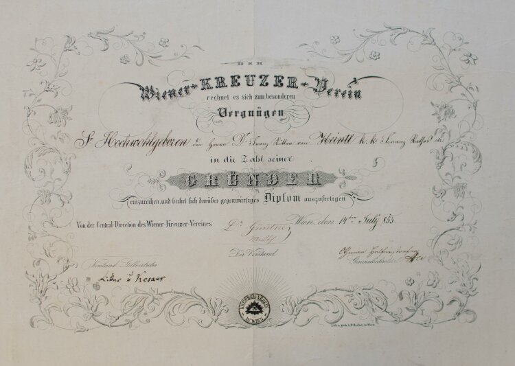 Wiener Kreuzer-Verein (Wien) - Urkunde für Franz Xaver Ritter von Heintl jun.  - 14.07.1853