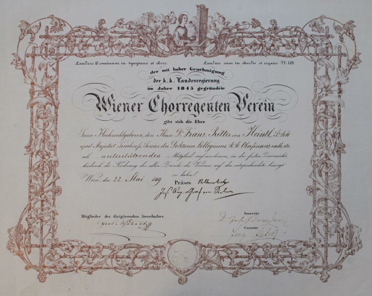 Wiener Chorregenten Verein (Wien) - Urkunde für Franz Xaver Ritter von Heintl jun.  - 22.05.1859