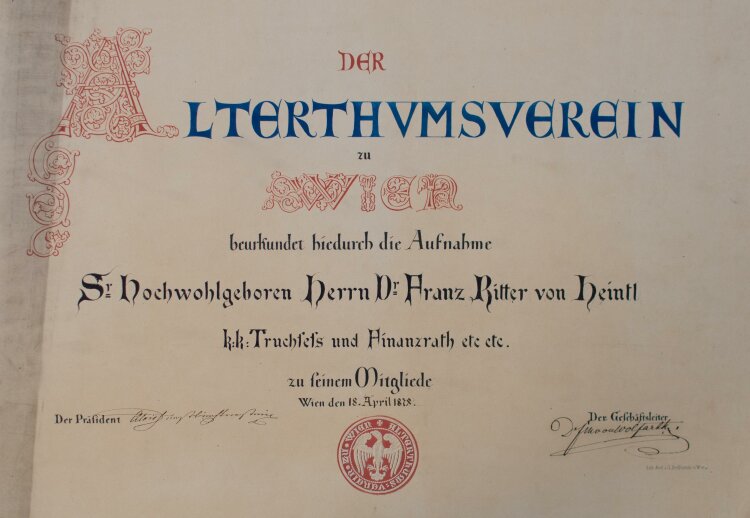 Alterthumsverein zu Wien (Wien) - Urkunde für Franz...