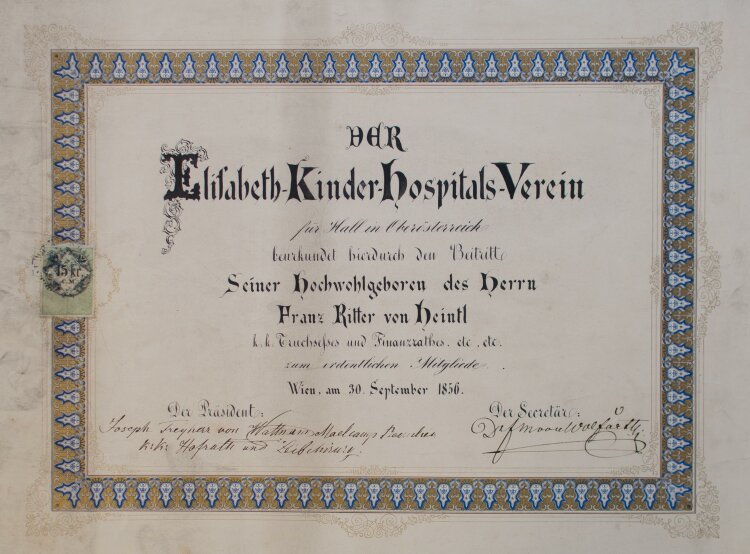 Elisabeth-Kinder-Hospitals-Verein (Wien) - Urkunde für Franz Xaver Ritter von Heintl jun.  - 30.09.1856