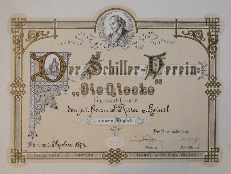 Schiller-Verein: "Die Glocke" (Wien) - Urkunde für Franz Xaver Ritter von Heintl jun.  - 01.10.1874