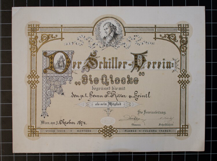 Schiller-Verein: "Die Glocke" (Wien) - Urkunde für Franz Xaver Ritter von Heintl jun.  - 01.10.1874
