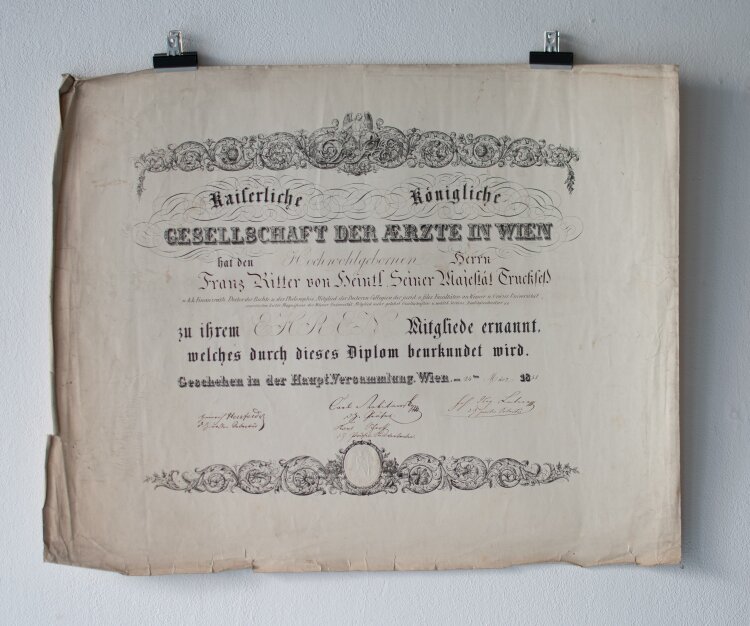 Kaiserliche königliche Gesellschaft der Ärzte in Wien (Wien) - Urkunde für Franz Xaver Ritter von Heintl jun.  - 24.03.1851