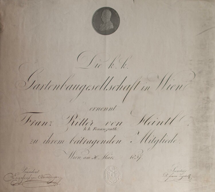Gartenbaugesellschaft in Wien (Wien) - Urkunde für Franz Xaver Ritter von Heintl jun.  - 30.03.1857