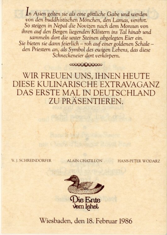 Die Ente vom Lehnel, Deutschland-Premiere Oeufs d´Escargot Royal Brut - Menükarte  - 18.02.1986