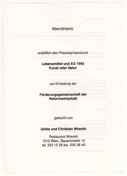 anläßlich des Pressesymposiums Lebensmittel und EG 1993 - Kunst und Natur - Abendmenü  - 1993
