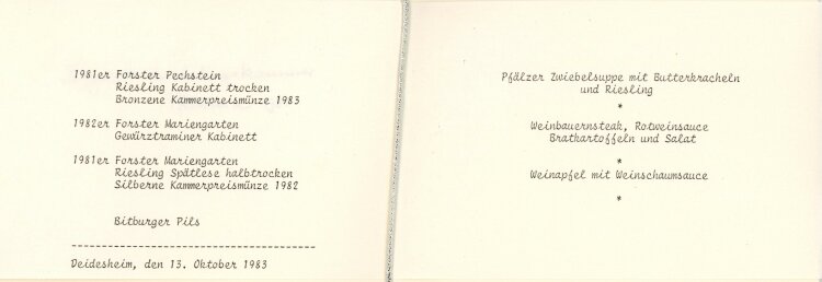 Weingut Hahnhof Deidesheim - Menükarte  - 13.11.1983