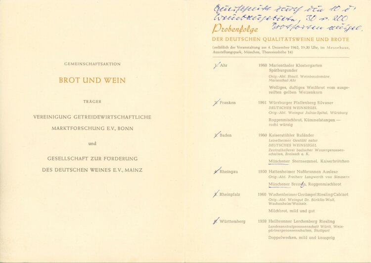 Probenfolge der Deutschen Qualitätsweine und Brote - Probenkarte  - 4.12.1962