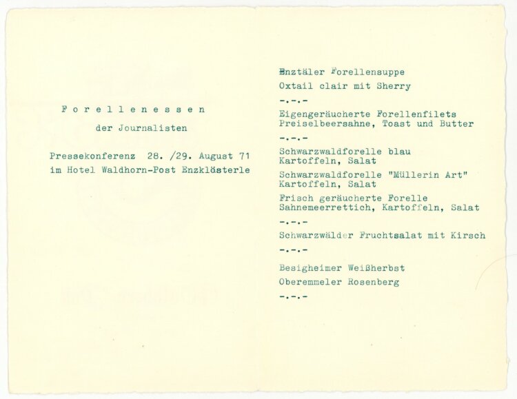 Forellenessen der Journalisten Pressekonferenz im Hotel Waldhorn-Post - Menükarte  - 28-29.08.1971