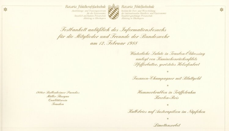 Festbankett Informationsbesuch Freunde der Bundeswehr - Bavaria Hotelfachschule - Menükarte  - 12.2.1988