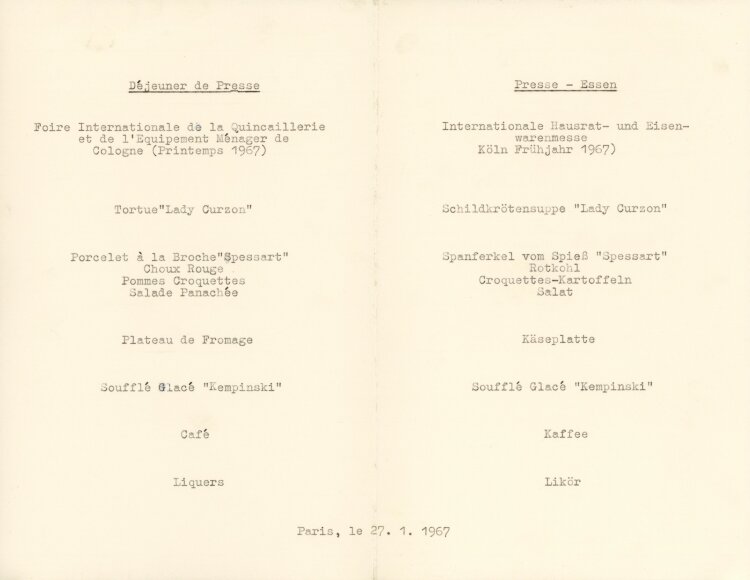 Int. Hausrat- u. Eisenwarenmesse - Menükarte  - 27.1.1967